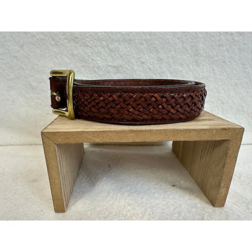 Brown Leather Woven Braided Belt Featuring Polished Brass-Tone Buckle